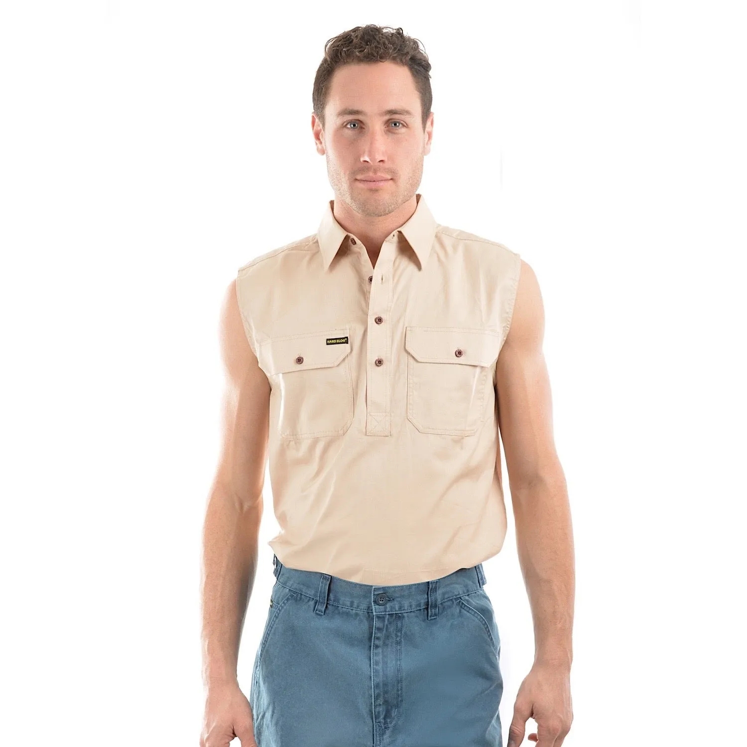 Hard Slog Half Placket Light Cotton Sleeveless Shirt - Stone