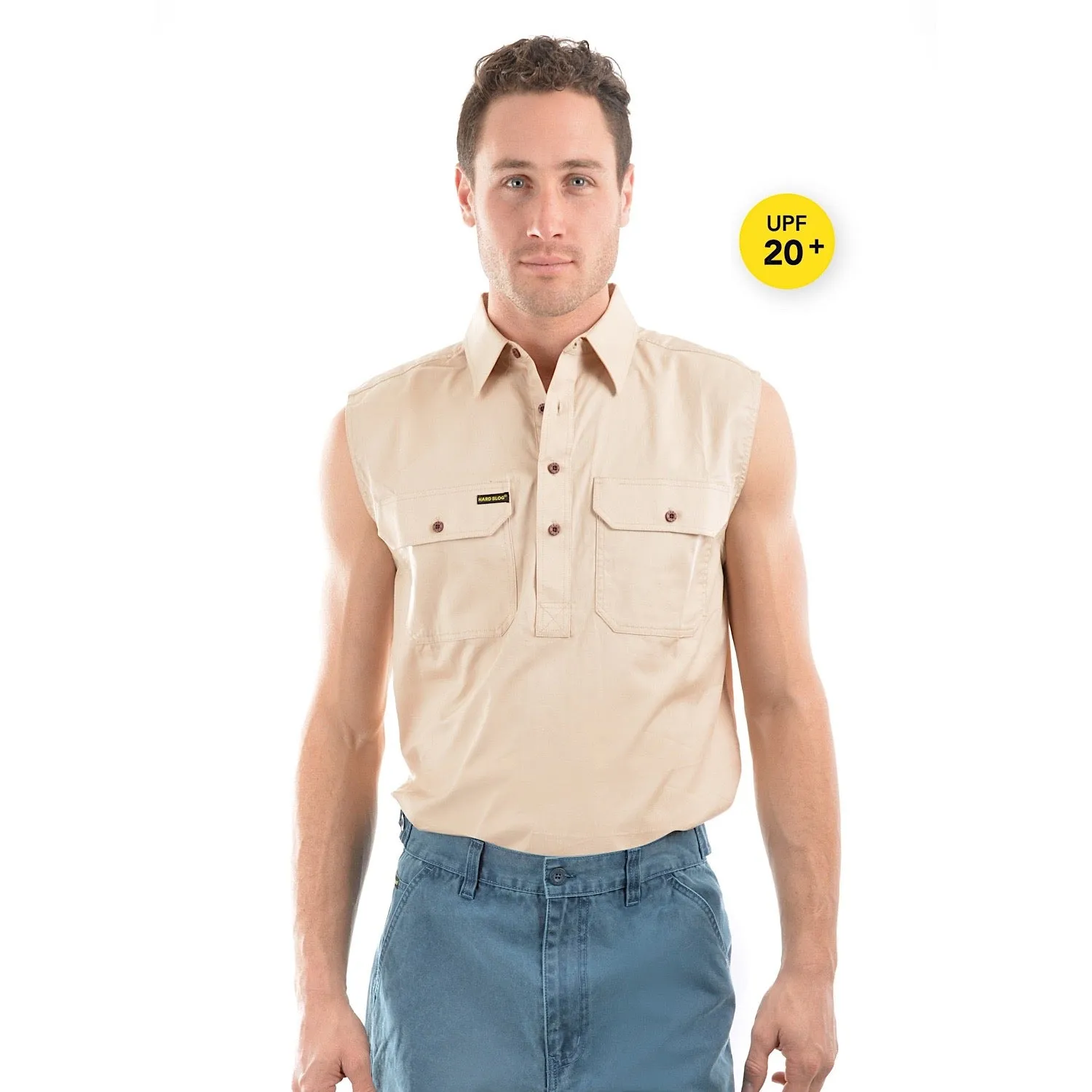 Hard Slog Half Placket Light Cotton Sleeveless Shirt - Stone