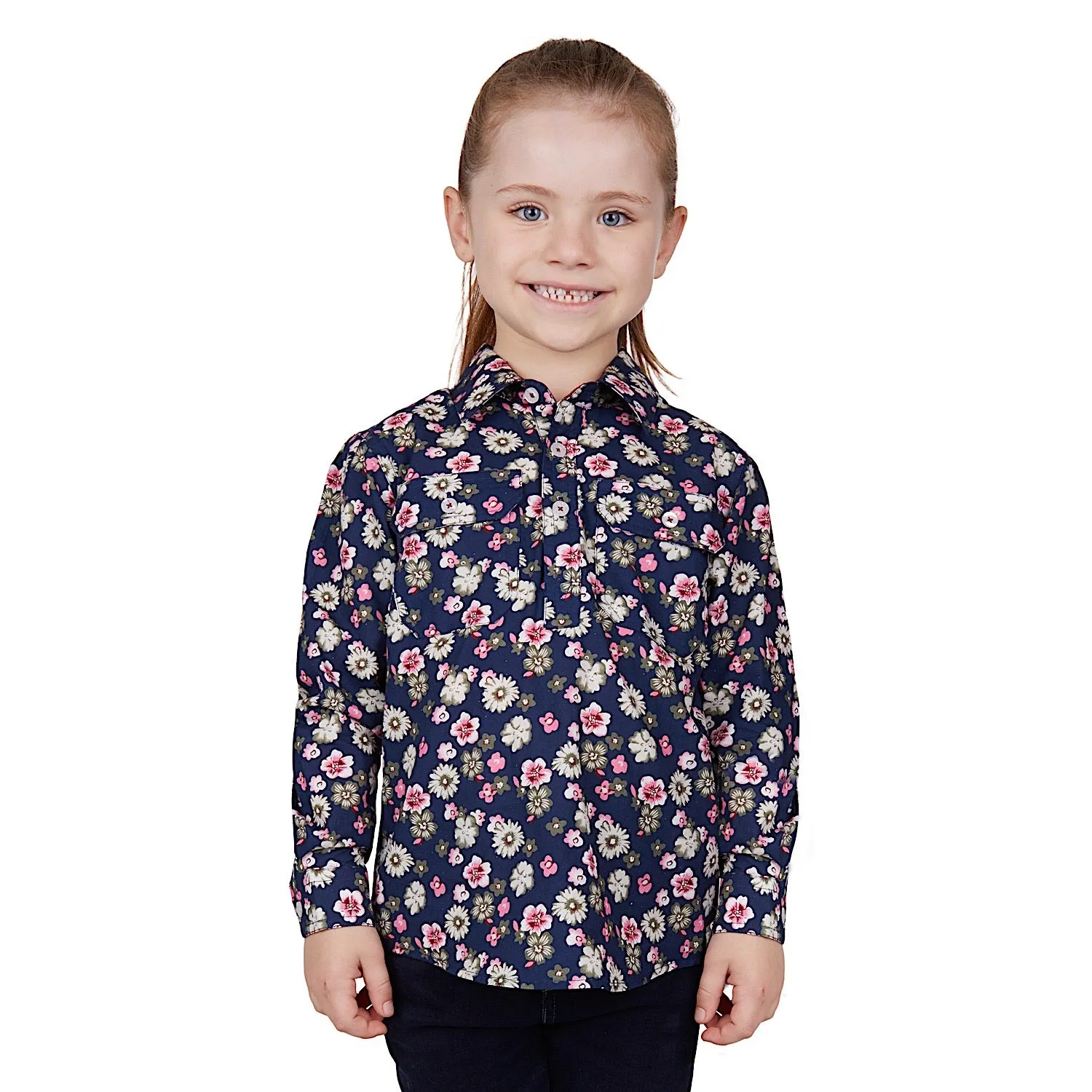 Hard Slog Kids Rose 1/2 Placket Long Sleeve Shirt - Navy