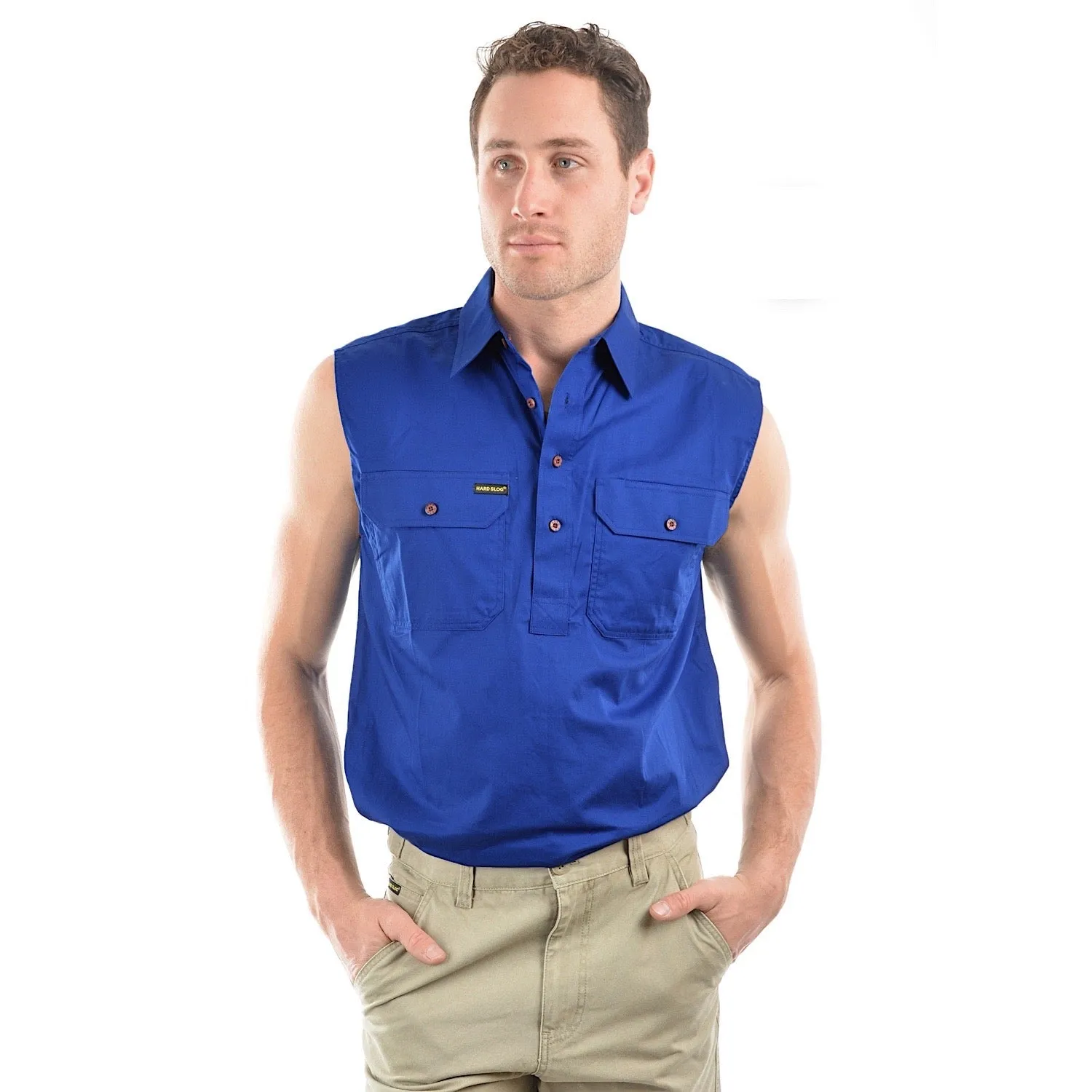 Hard Slog Men's Half Placket Light Cotton Sleeveless Shirt Royal Blue