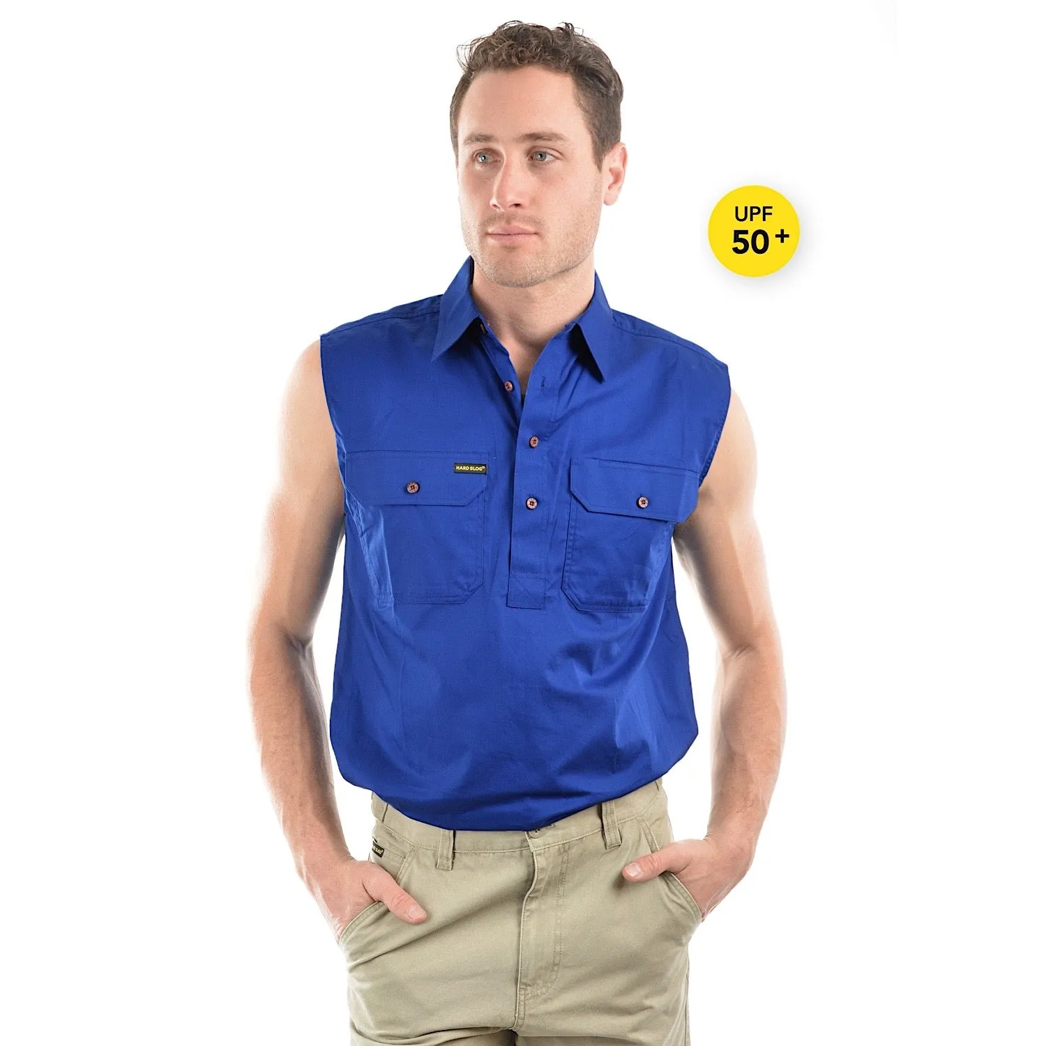 Hard Slog Men's Half Placket Light Cotton Sleeveless Shirt Royal Blue