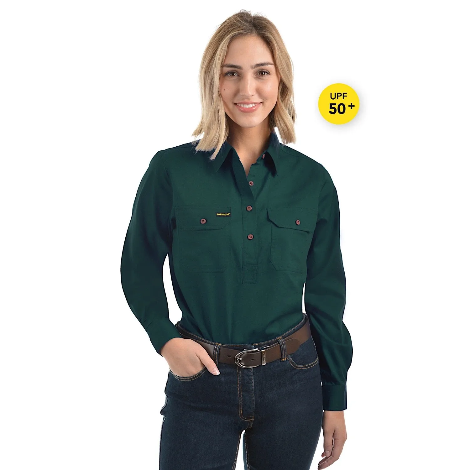Hard Slog Women's Half Placket Light Cotton Shirt Forest