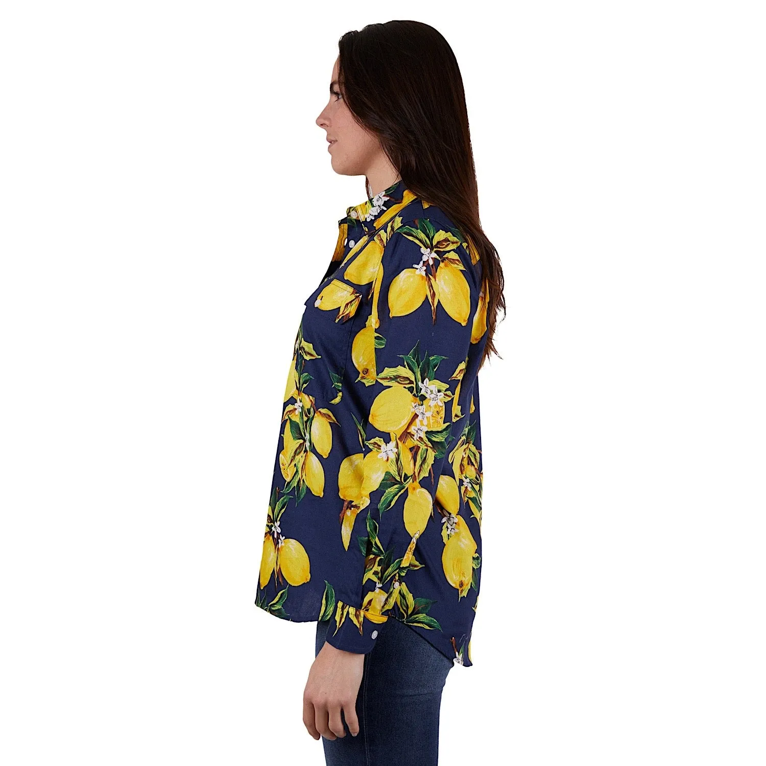Hard Slog Womens Sana Full Placket Long Sleeve Shirt Navy/Yellow
