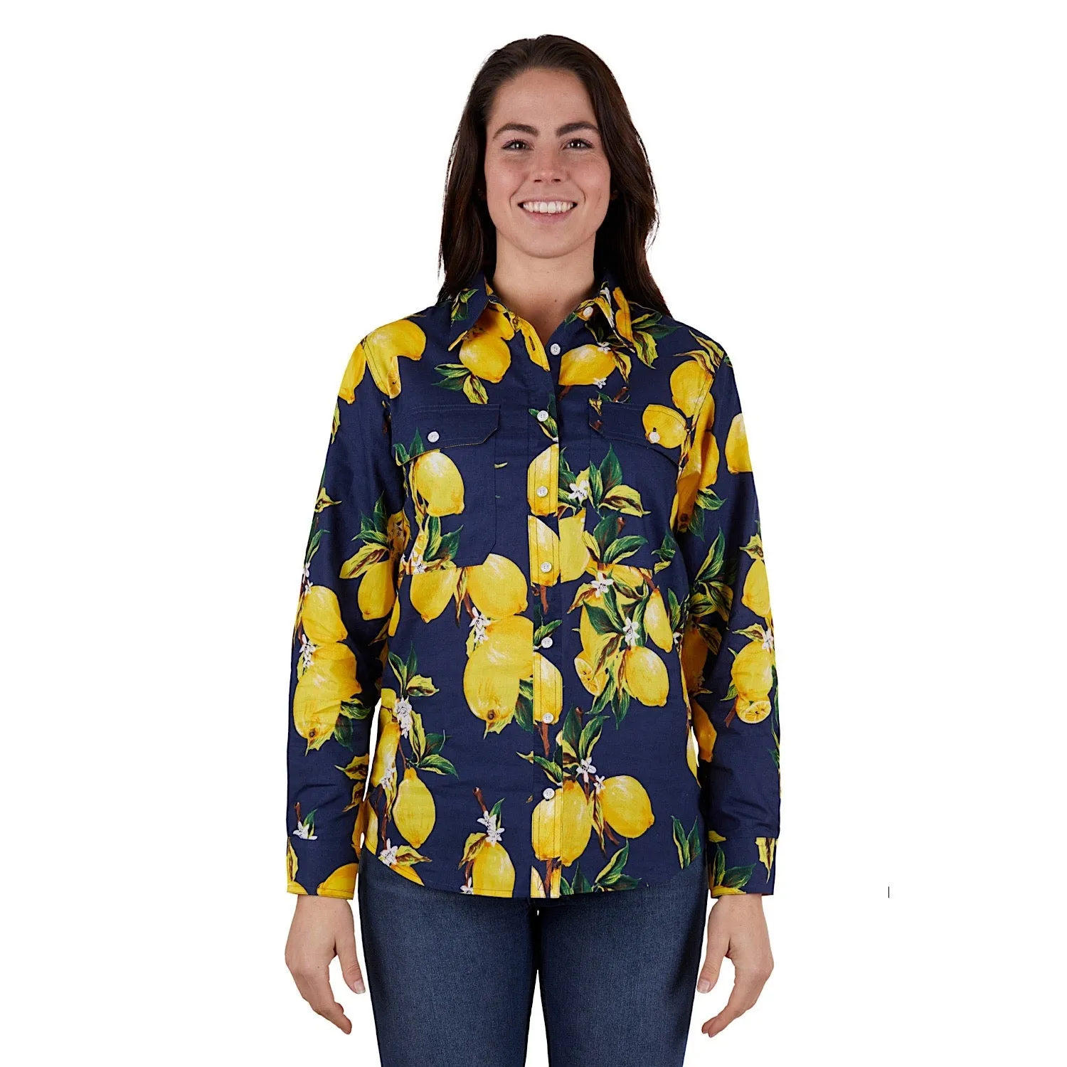 Hard Slog Womens Sana Full Placket Long Sleeve Shirt Navy/Yellow