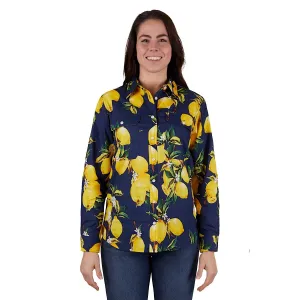 Hard Slog Womens Sana Full Placket Long Sleeve Shirt Navy/Yellow