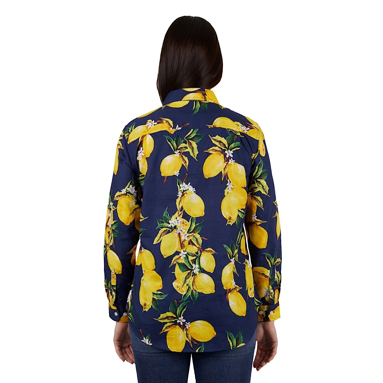 Hard Slog Womens Sana Full Placket Long Sleeve Shirt Navy/Yellow