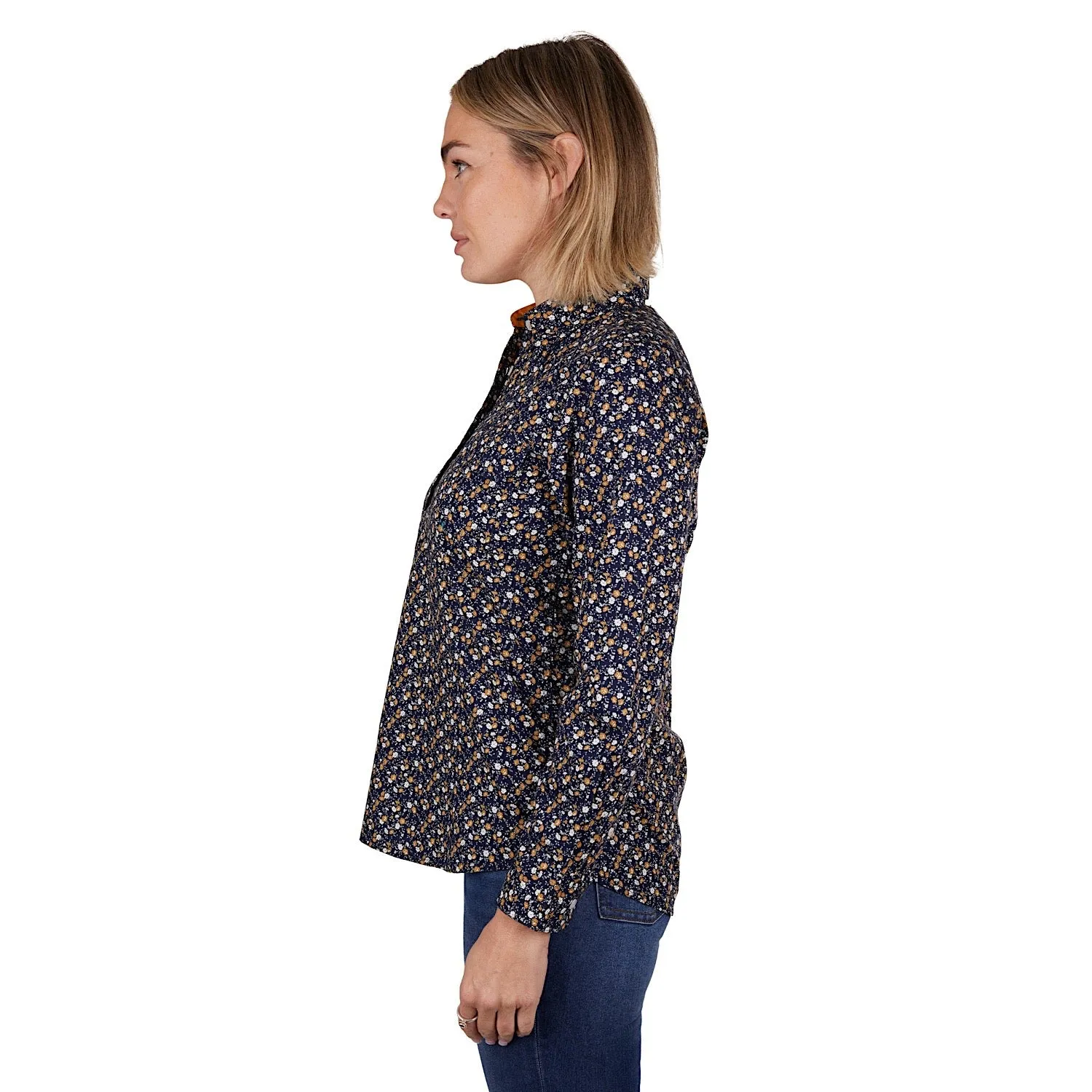Hard Slog Womens Sharon 1/2 Placket Long Sleeve Shirt Navy/Tan