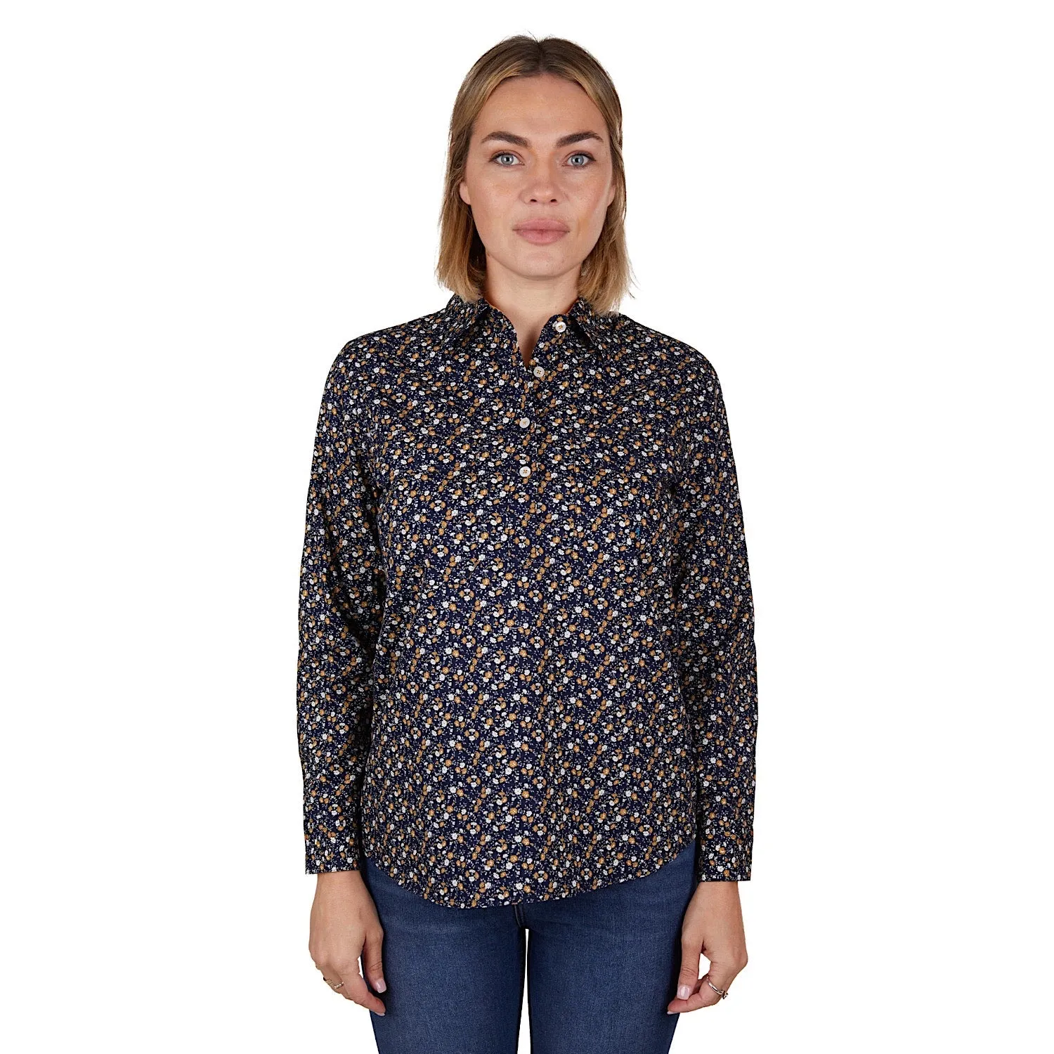 Hard Slog Womens Sharon 1/2 Placket Long Sleeve Shirt Navy/Tan