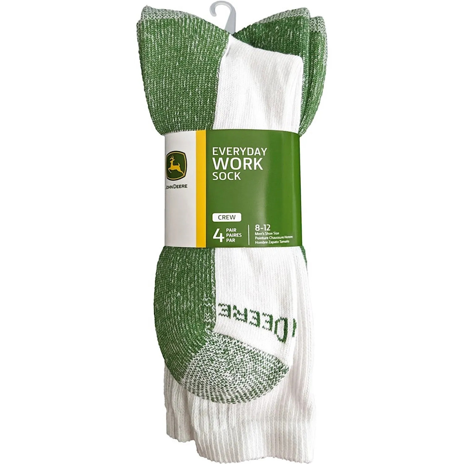 John Deere White/Green Crew 4 Pack Work Socks (Cotton Blend)