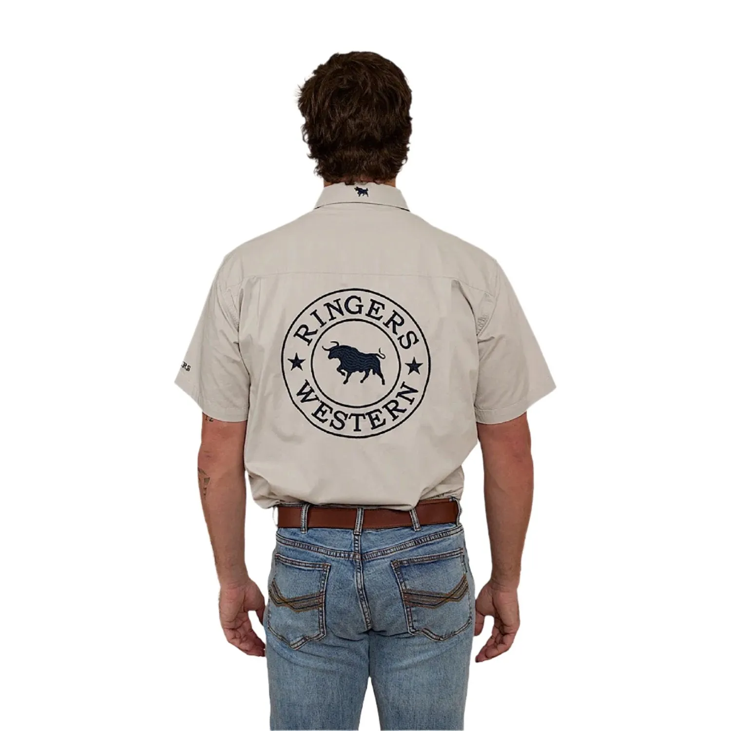 Ringers Western Hawkeye Men's Full Button Work Shirt Short Sleeve - Beige / Navy