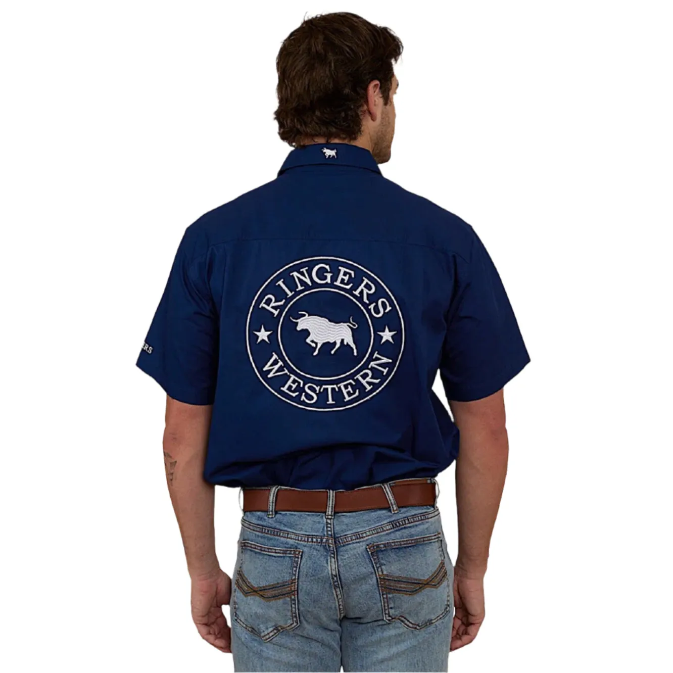 Ringers Western Hawkeye Men's Full Button Work Shirt Short Sleeve - Navy / White
