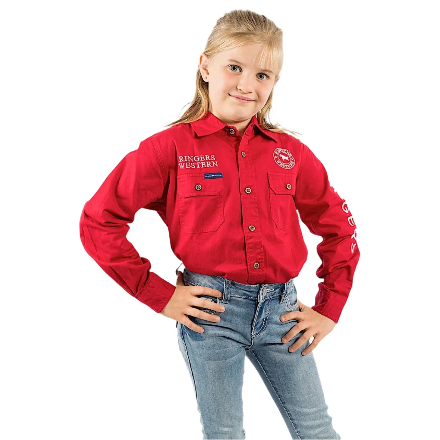 Ringers Western Kid's Jackaroo Full Button Shirt - Dark Red / White