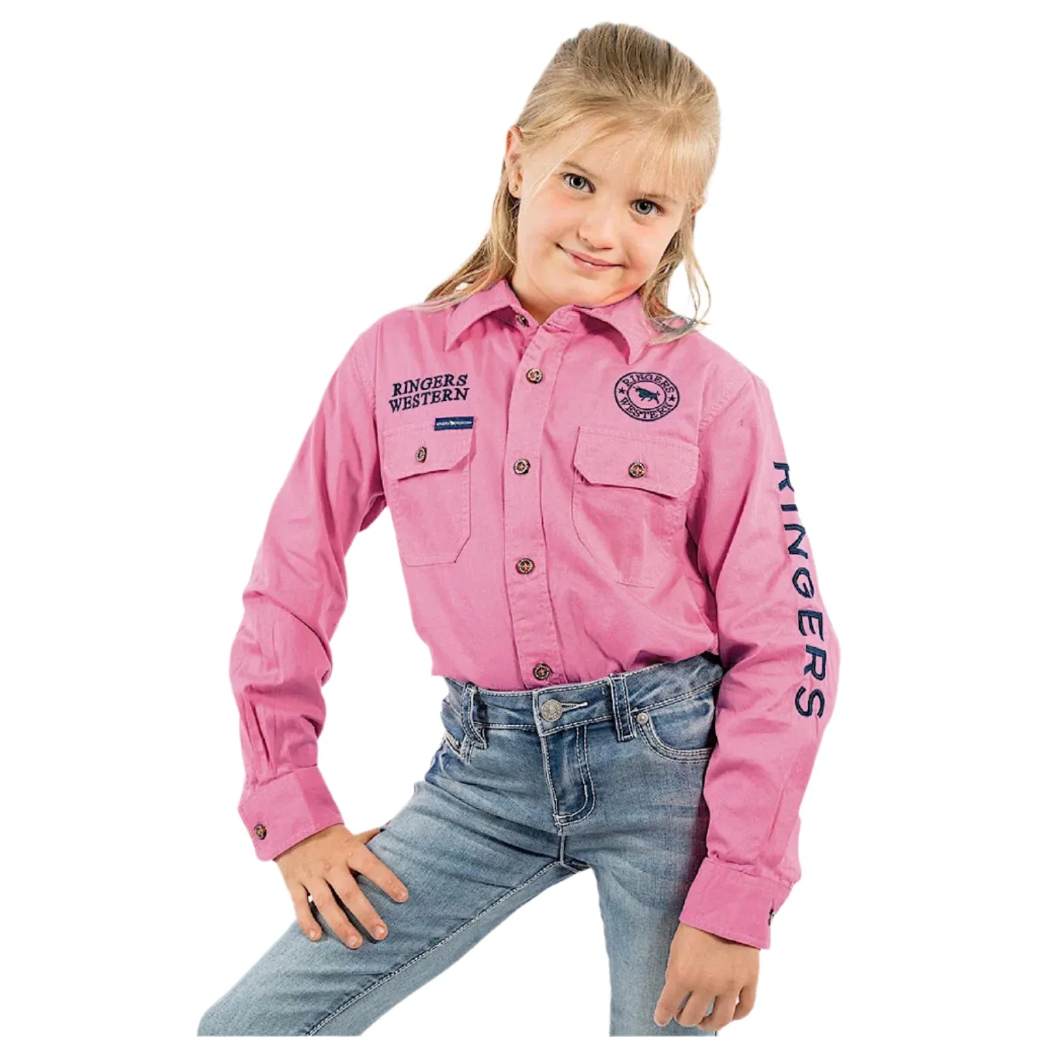 Ringers Western Kid's Jackaroo Full Button Shirt - Pastel Pink / Navy