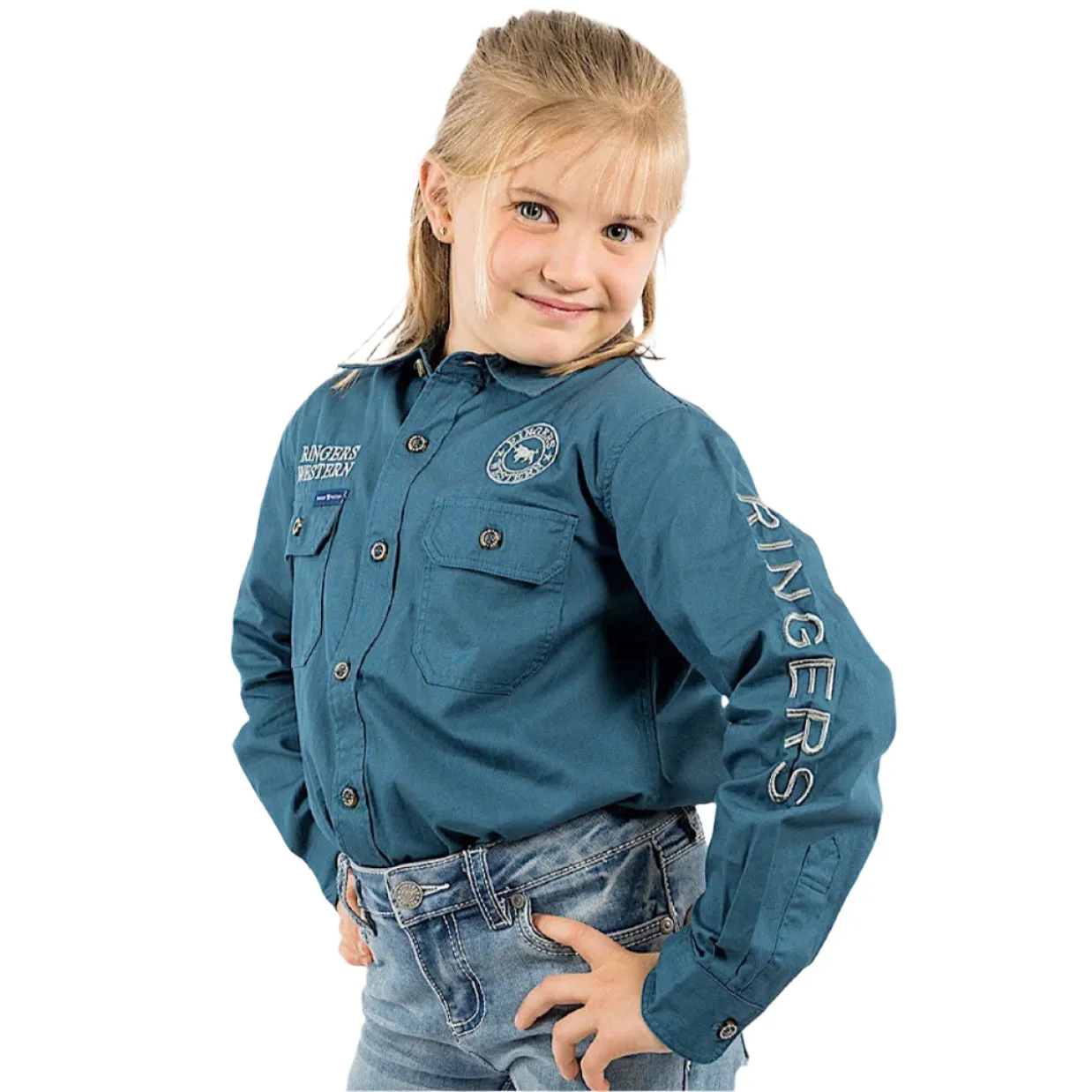 Ringers Western Kid's Jackaroo Full Button Shirt - Petrol Blue / Ultimate Grey
