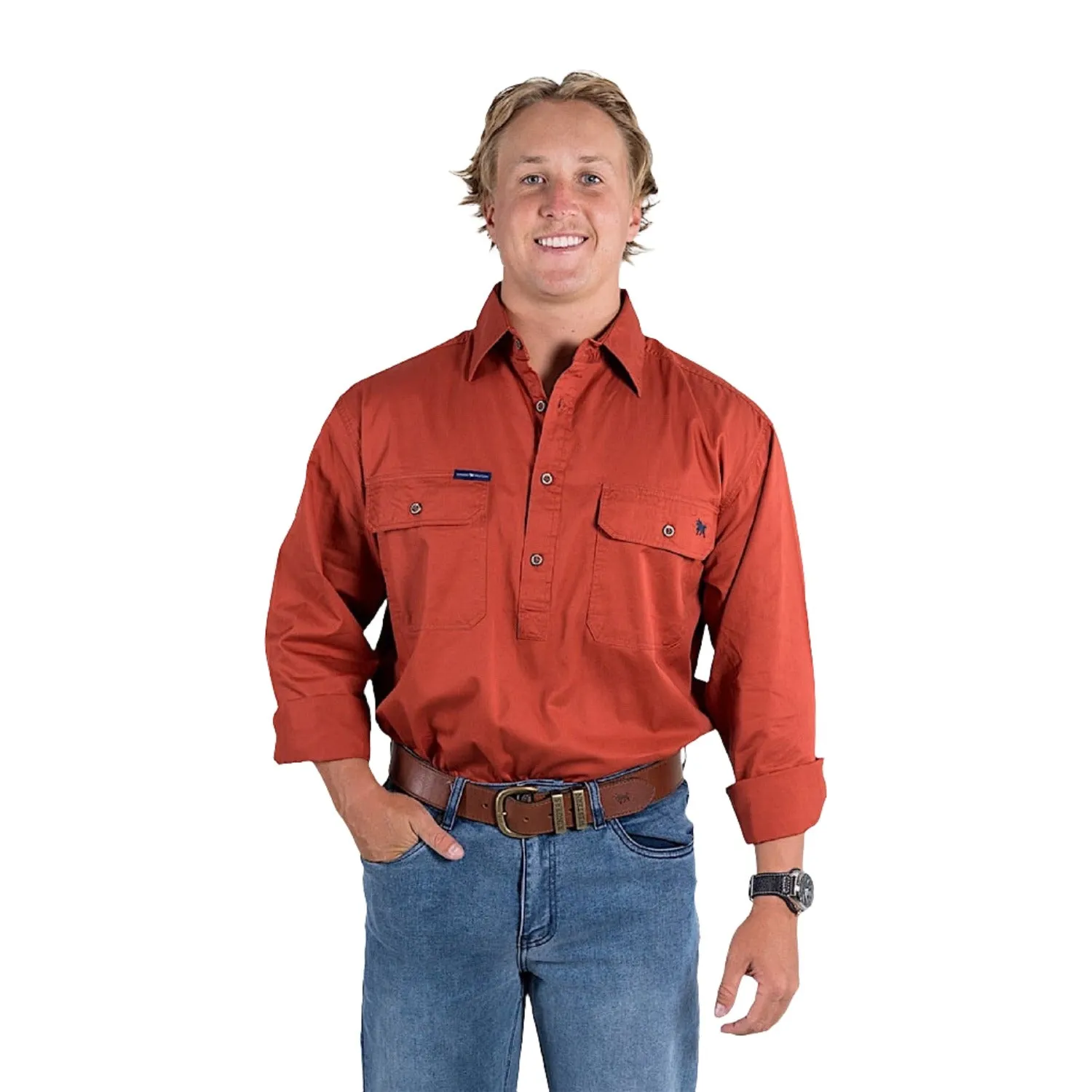 Ringers Western King River Men's Half Button Work Shirt - Terracotta