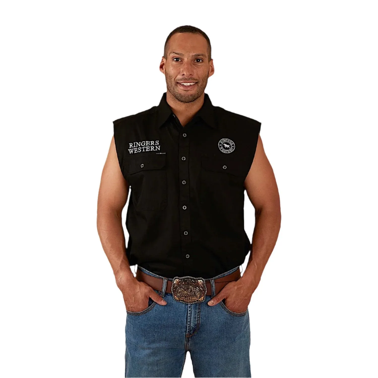 Ringers Western Men's Hawkeye Sleeveless Work Shirt - Black/White