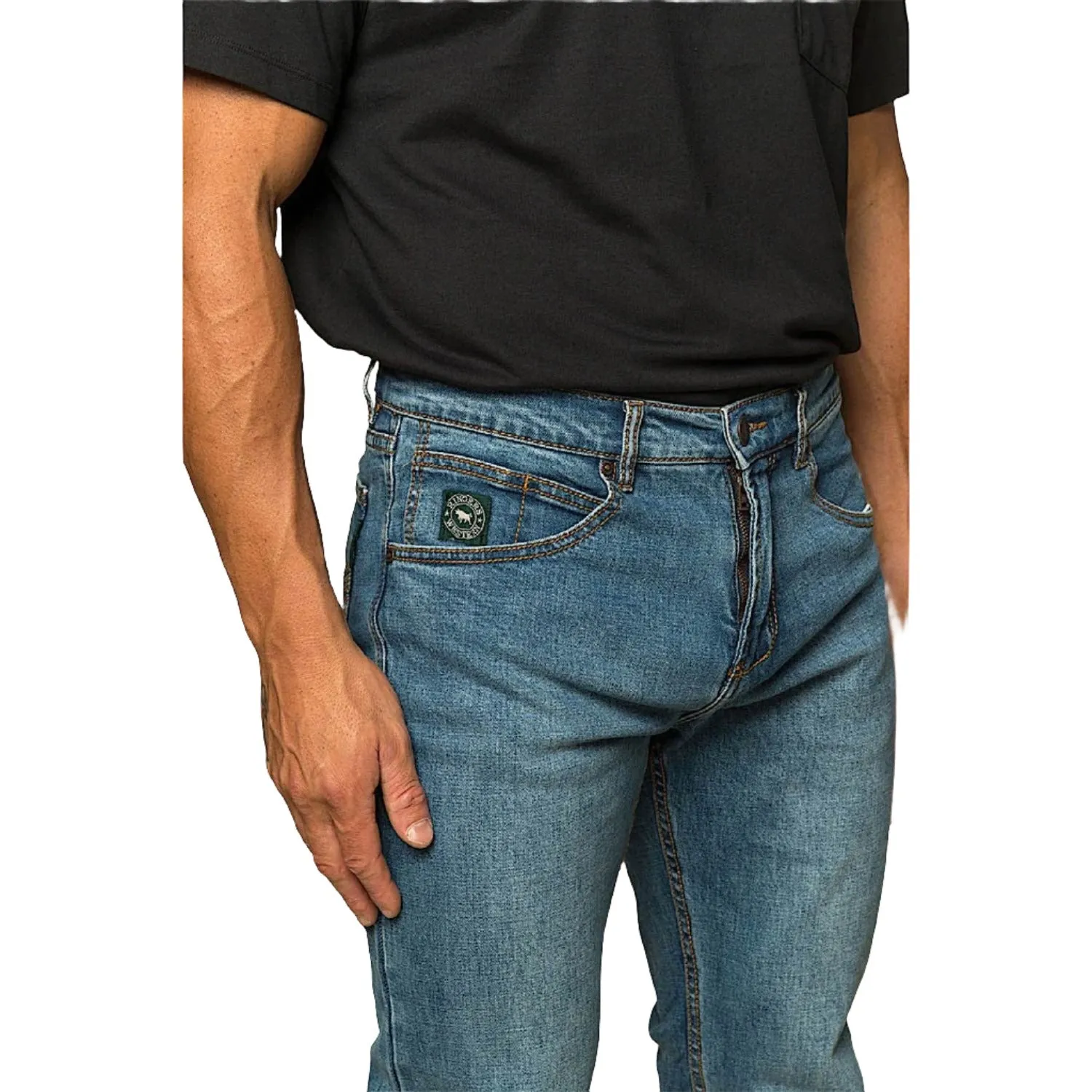 Ringers Western Men's Muster Slim Straight Fit Jean - Mid Wash Blue