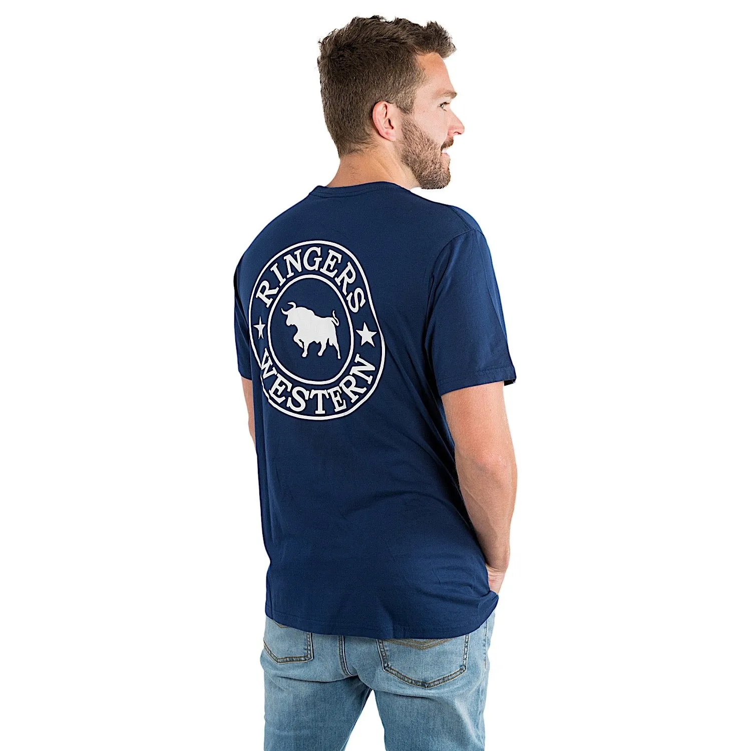 Ringers Western Men's  Signature Bull Classic Fit T-Shirt - Navy with White Print