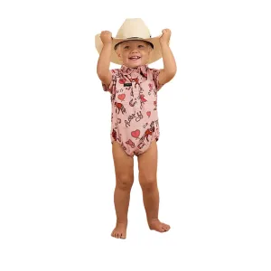 Ringers Western Mini Cowgirl Babies Short Sleeve Work Shirt Romper - Dusty Pink