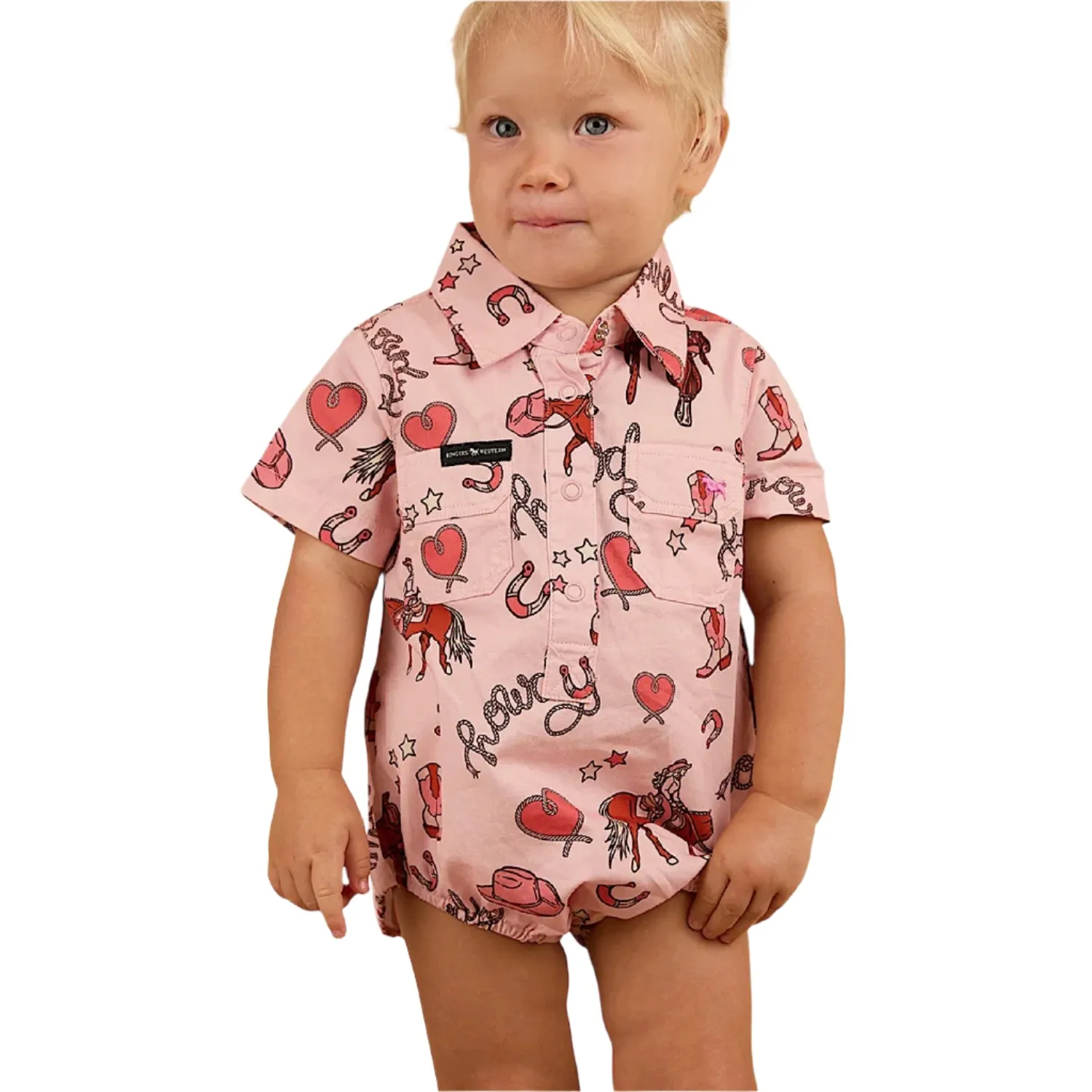 Ringers Western Mini Cowgirl Babies Short Sleeve Work Shirt Romper - Dusty Pink