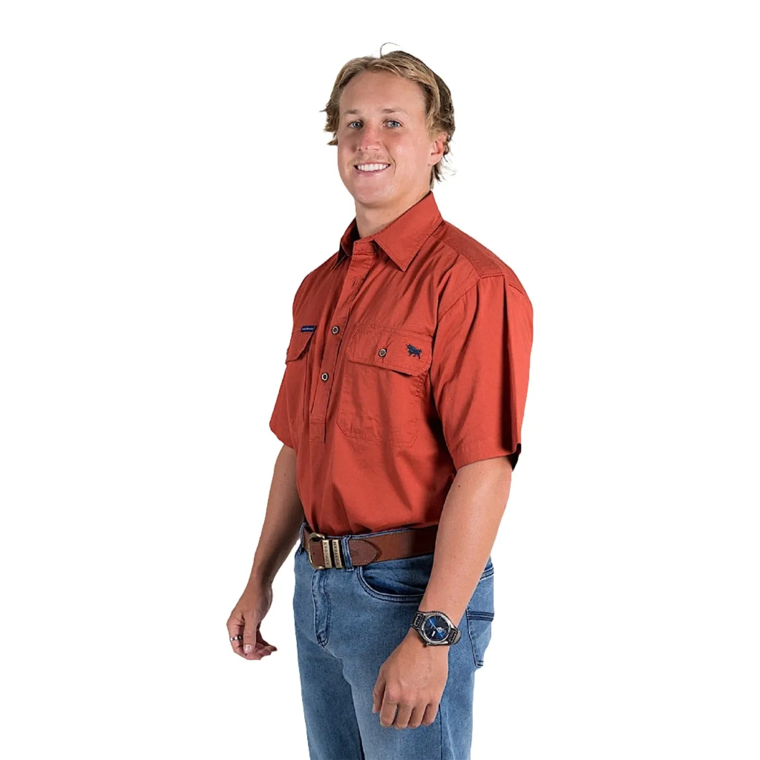 Ringers Western Pack Saddle Men's Short Sleeve Half Button Work Shirt - Terracotta