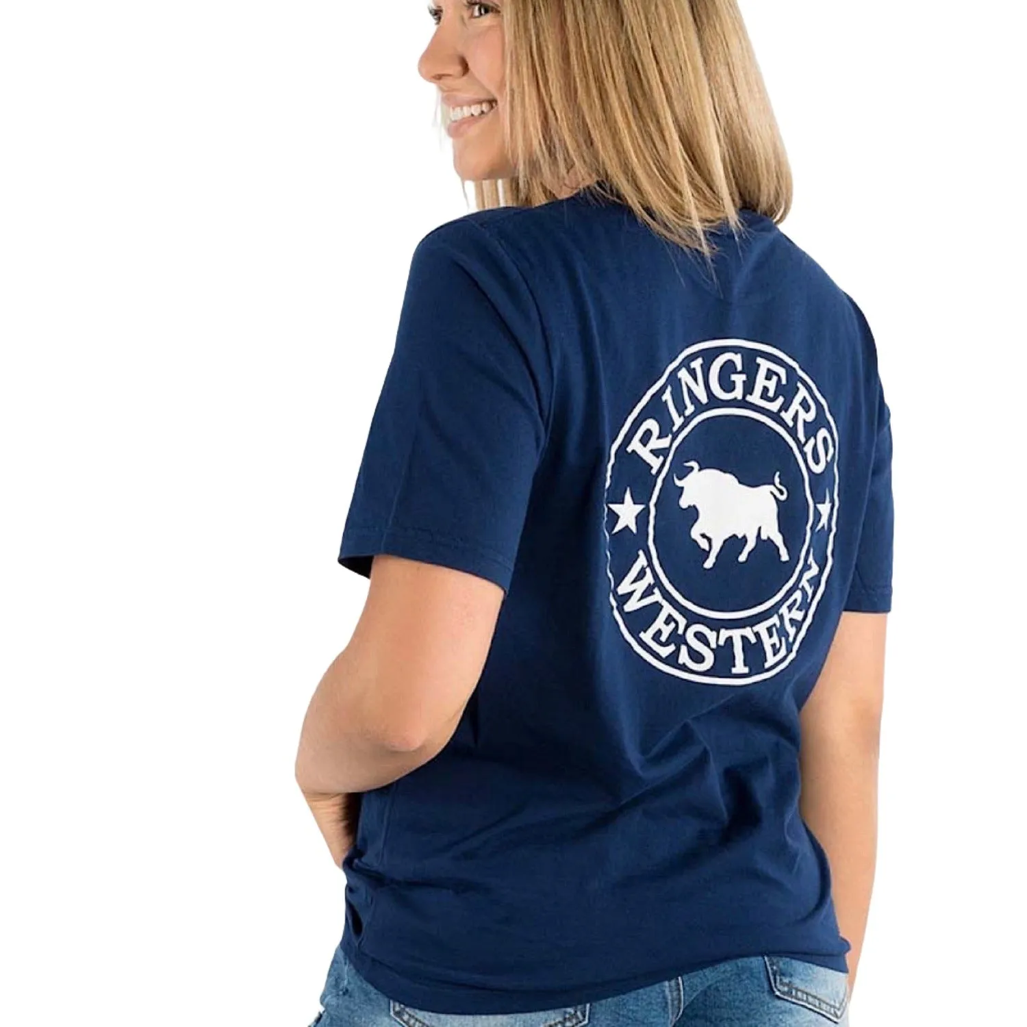Ringers Western Signature Bull Women's Loose Fit T-Shirt - Navy/White Print