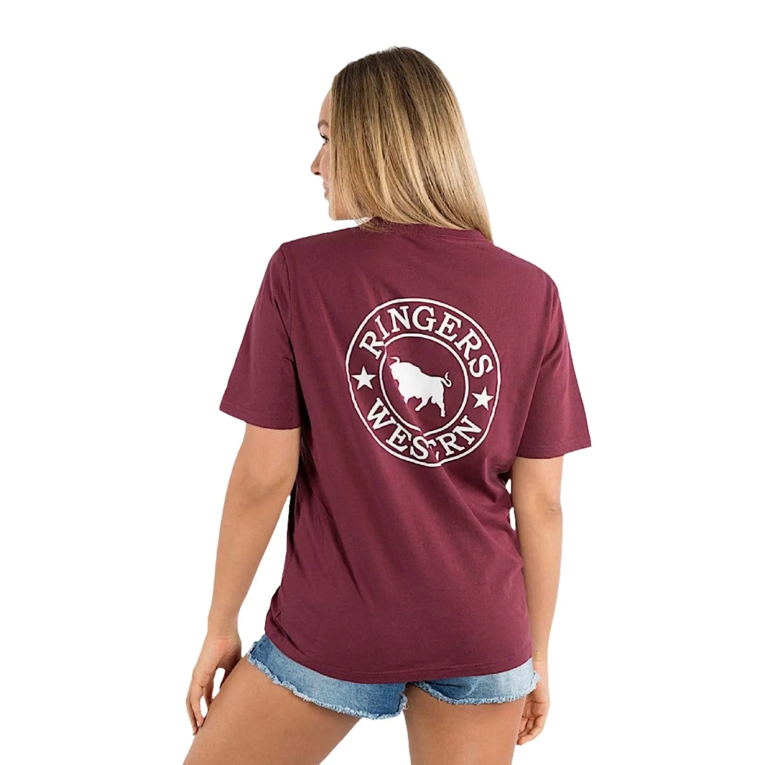 Ringers Western Signature Bull Women's Loose T-Shirt - Burgundy with White Print