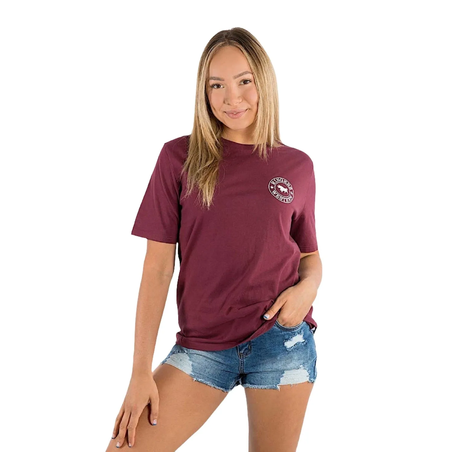 Ringers Western Signature Bull Women's Loose T-Shirt - Burgundy with White Print