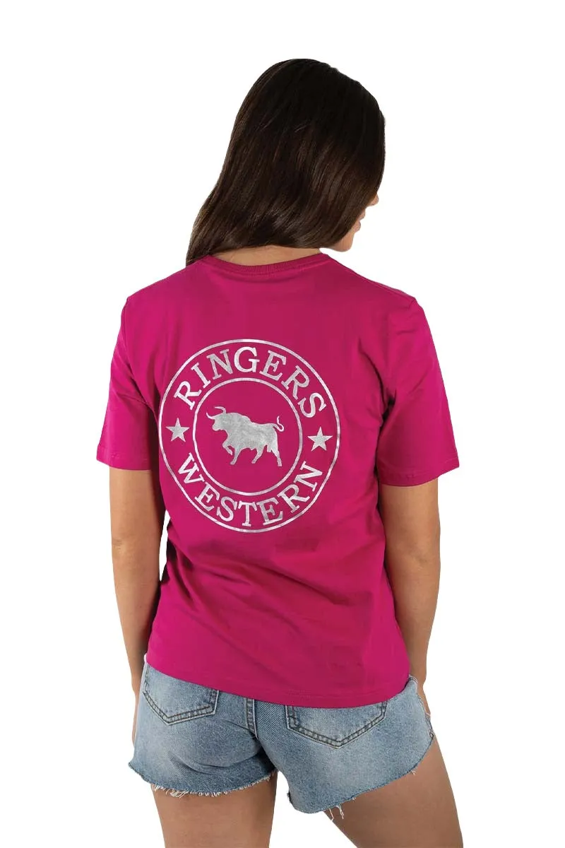 Ringers Western Signature Bull Women's Loose T-Shirt - Magenta/Silver