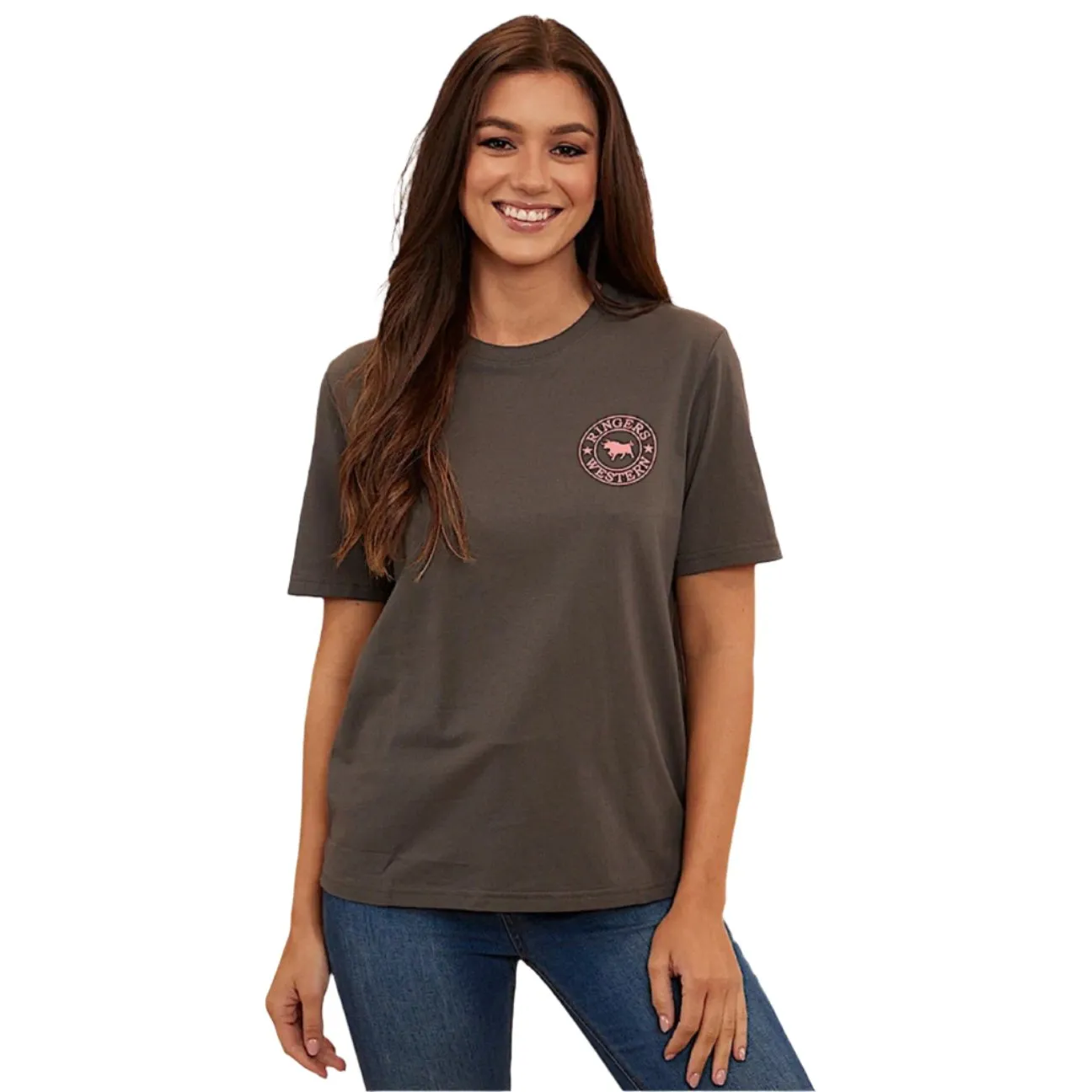 Ringers Western Signature Bull Women's Loose T-Shirt - Vintage Black with Strawberry Print