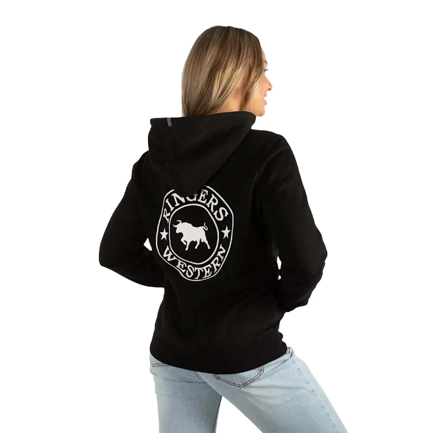 Ringers Western Signature Bull Women's Pullover Hoodie - Black/White Print