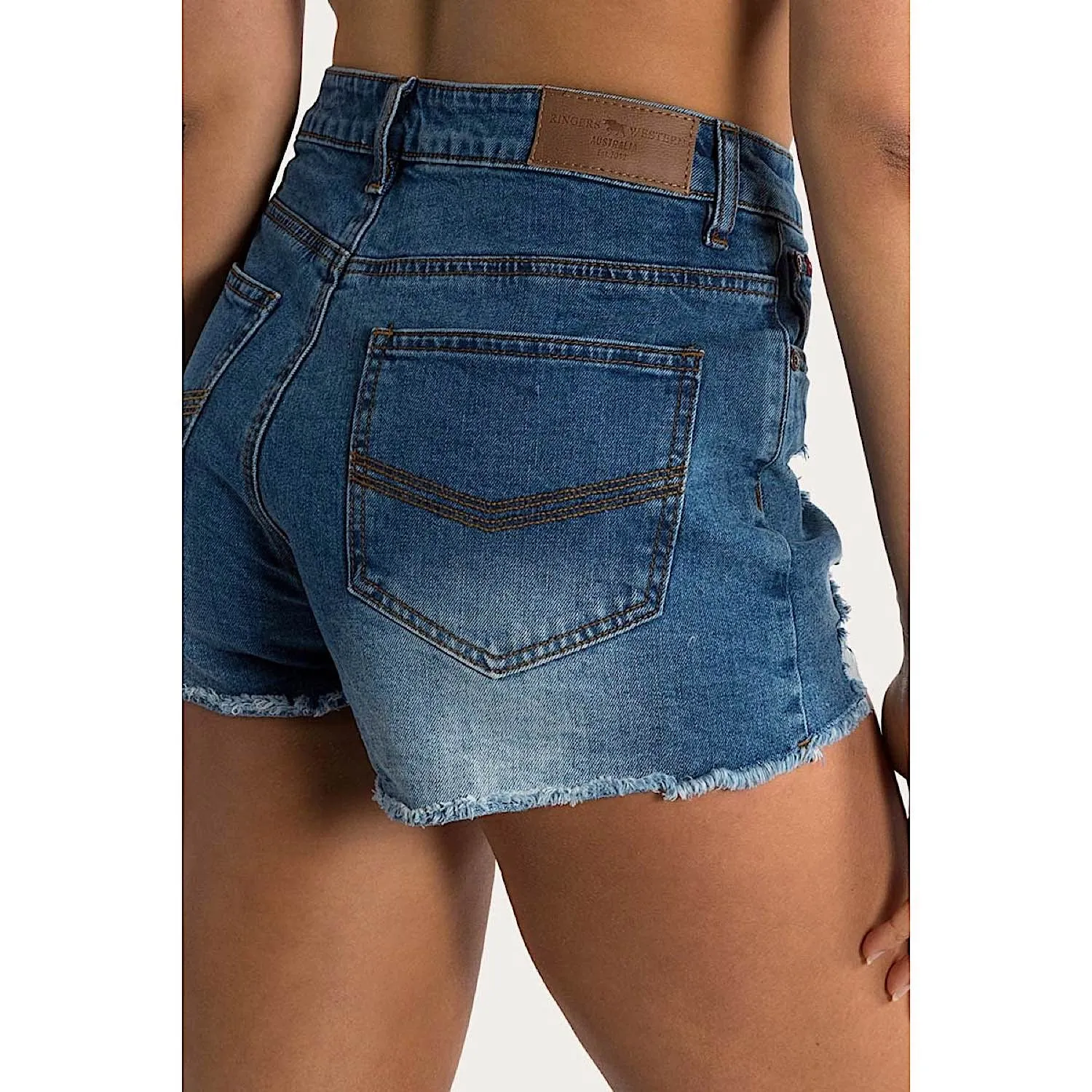 Ringers Western Women's Jessie Mid Rise Ripped Denim Short - True Blue