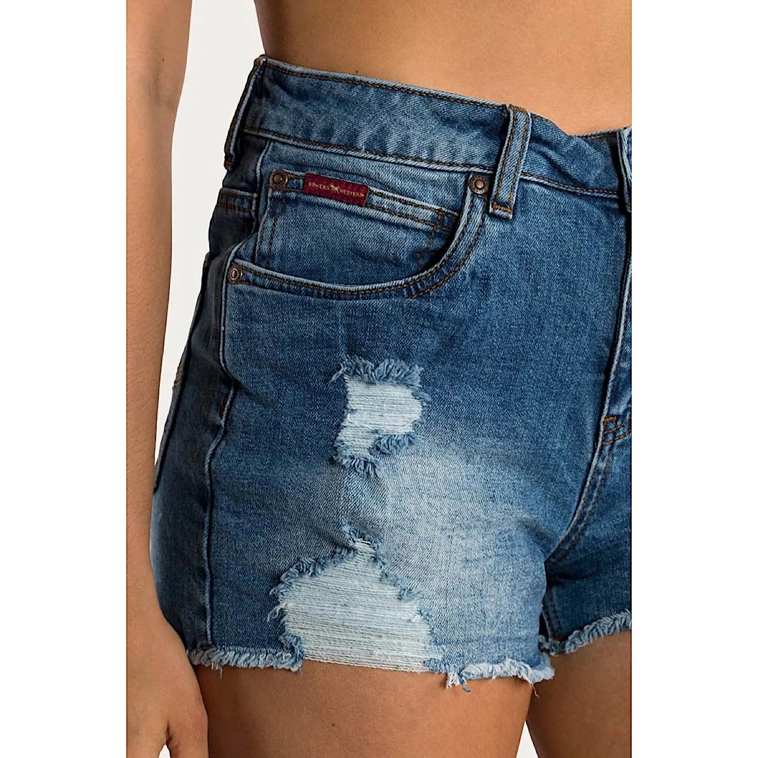 Ringers Western Women's Jessie Mid Rise Ripped Denim Short - True Blue