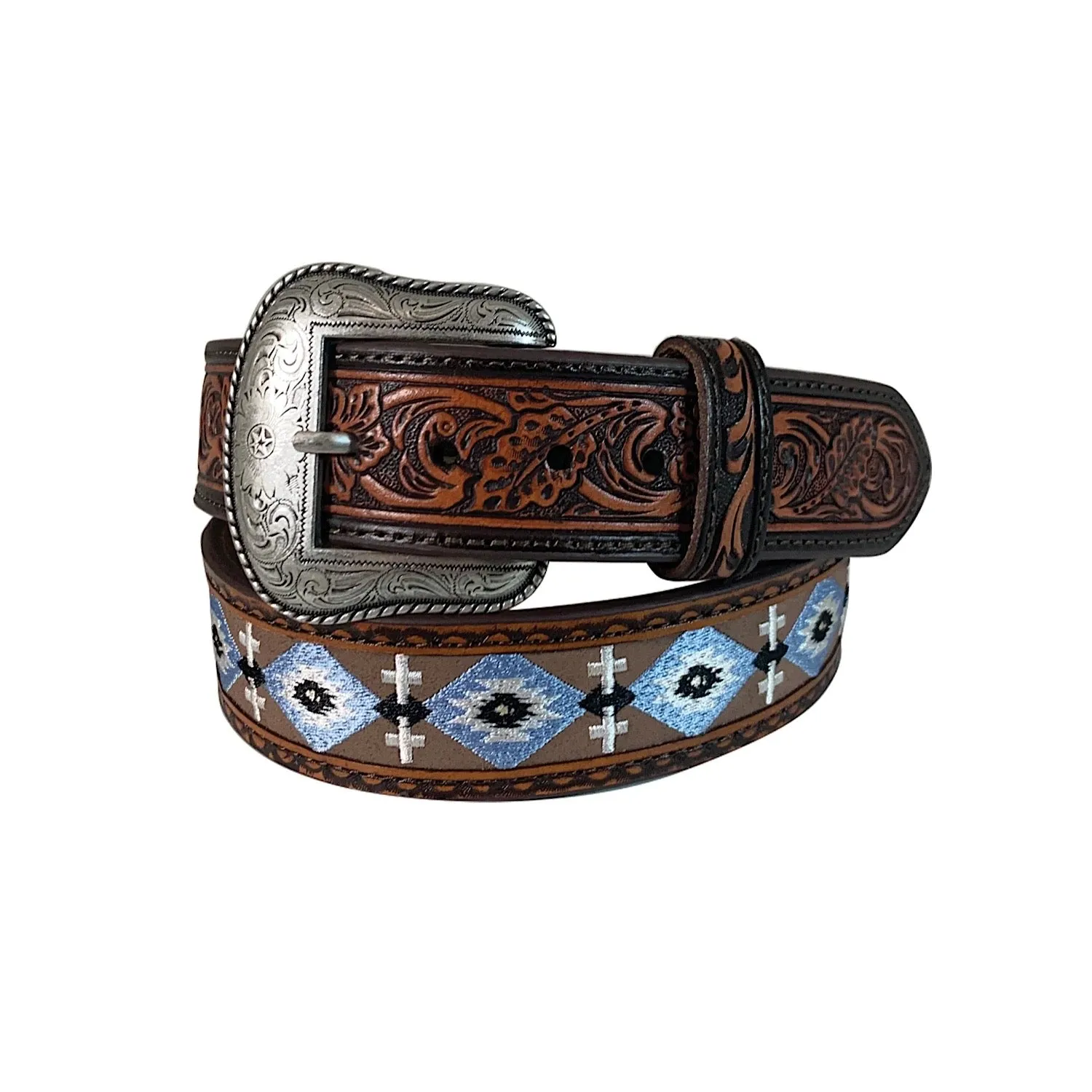 Roper Belt 1.5" Horse Blanket Design Genuine Leather Brown
