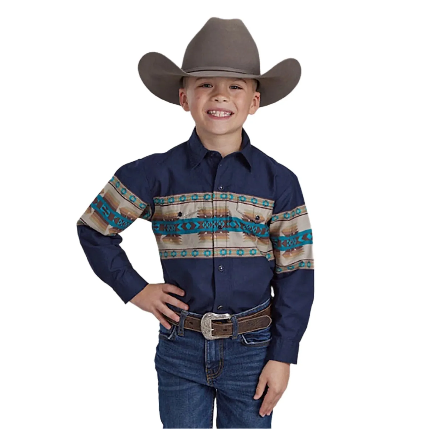 Roper Boy's Vintage Collection Shirt - Aztec Border Print Blue