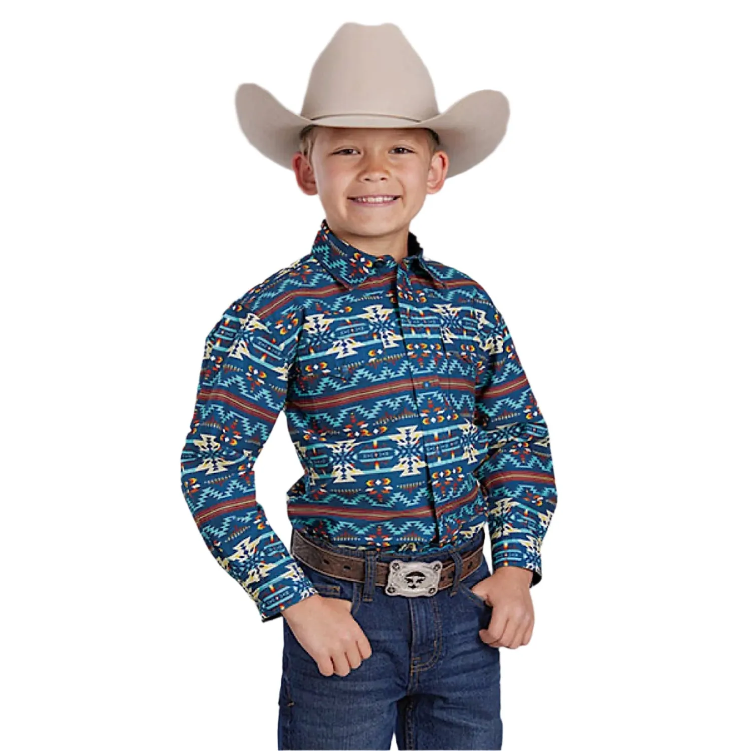 Roper Boy's West Made Collection Shirt - Aztec Print Blue