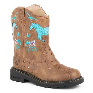 Roper LITTLE KIDS Horse Flower Light Up Boot Tan