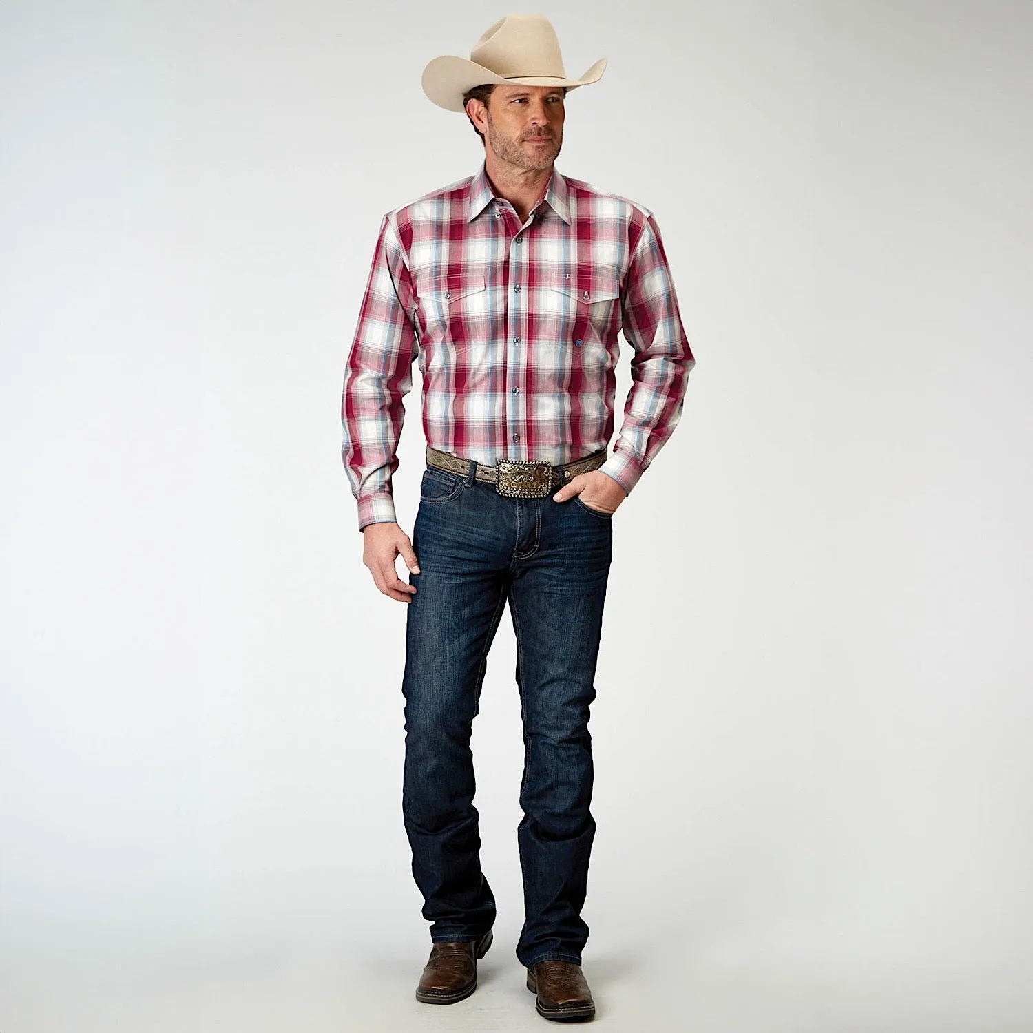 Roper Mens Amarillo Collection L/S Shirt Plaid Red