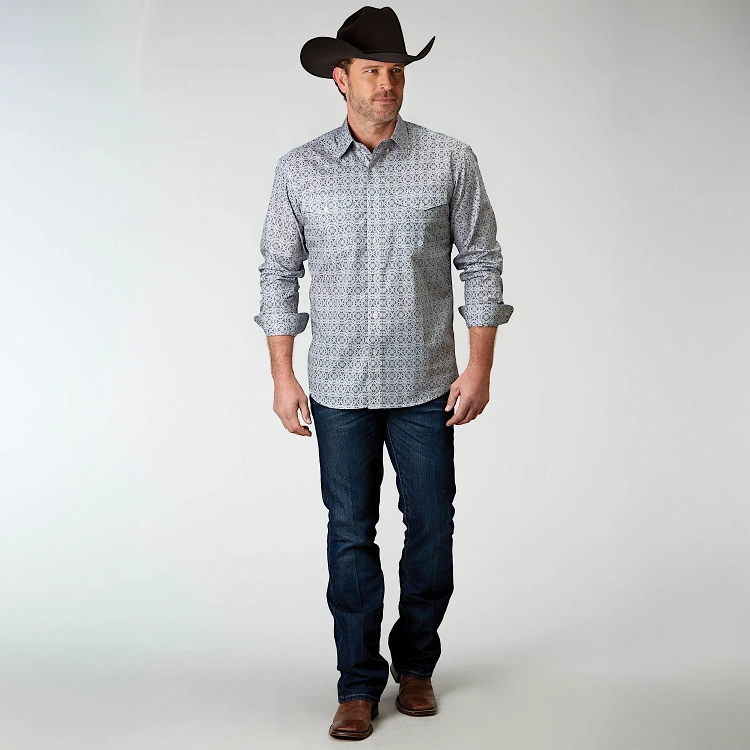 Roper Mens Amarillo Collection L/S Shirt Print Grey