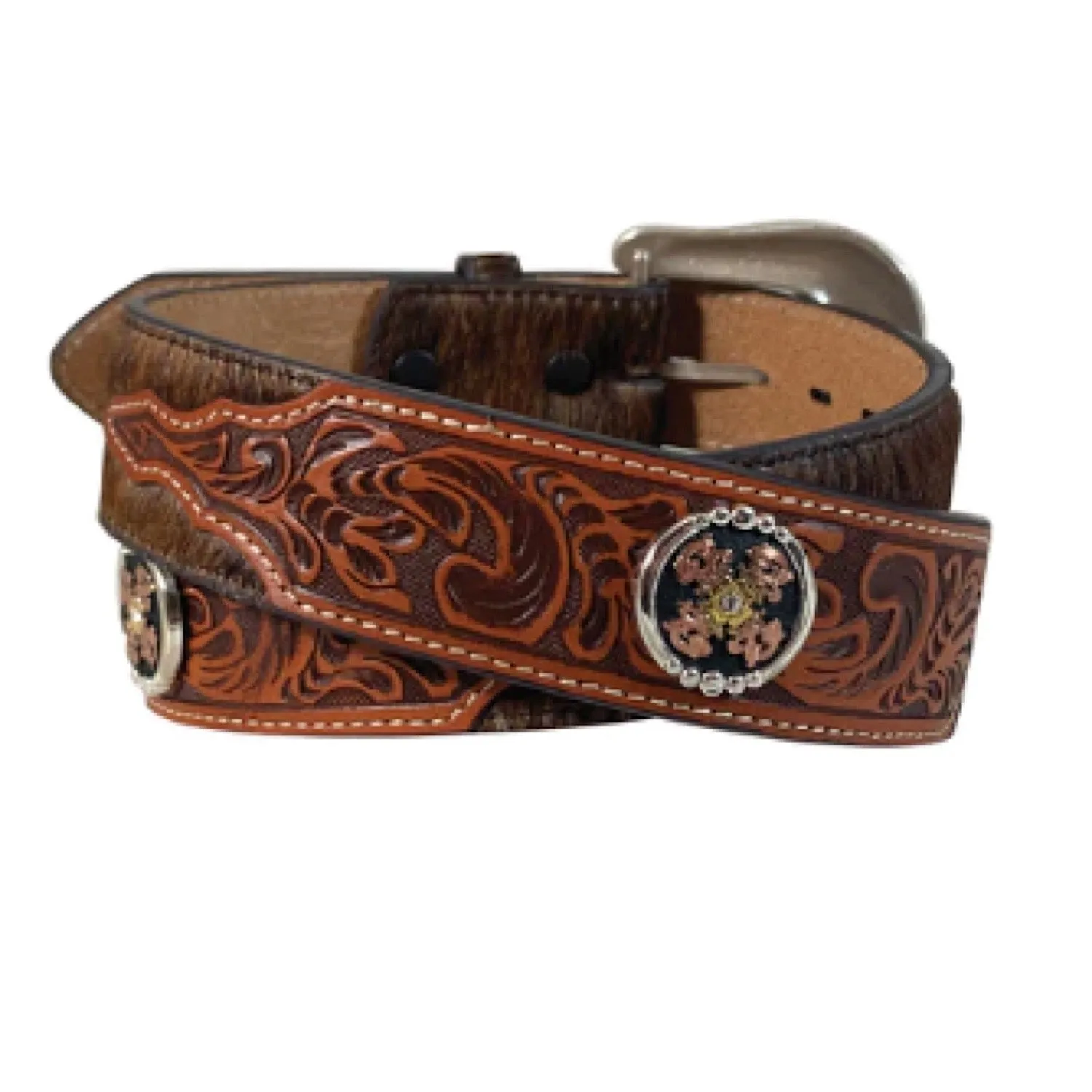 Roper Mens Belt 1.5" Floral Hand Tooled Genuine Leather Hair on Brown