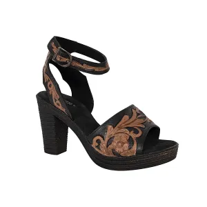 Roper Women's Mika Ankle Strap -Black/Brown Tooled Leather