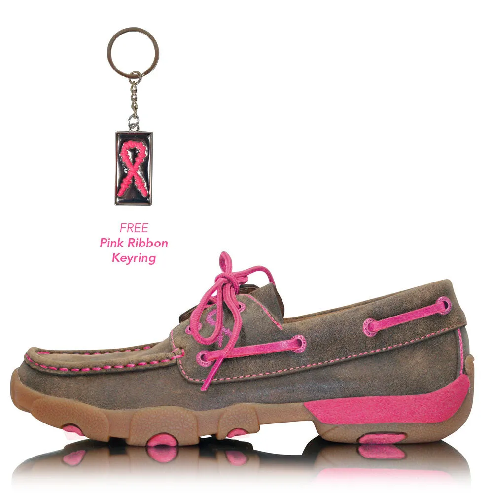 Twisted X Women's Breast Cancer Awareness Pink Ribbon Mocs Lace Up Bomber Neon Pink
