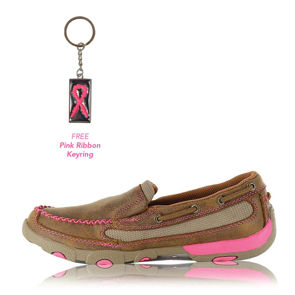 Twisted X Women's Breast Cancer Awareness Pink Ribbon Slip On Mocs Low Bomber/Neon Pink