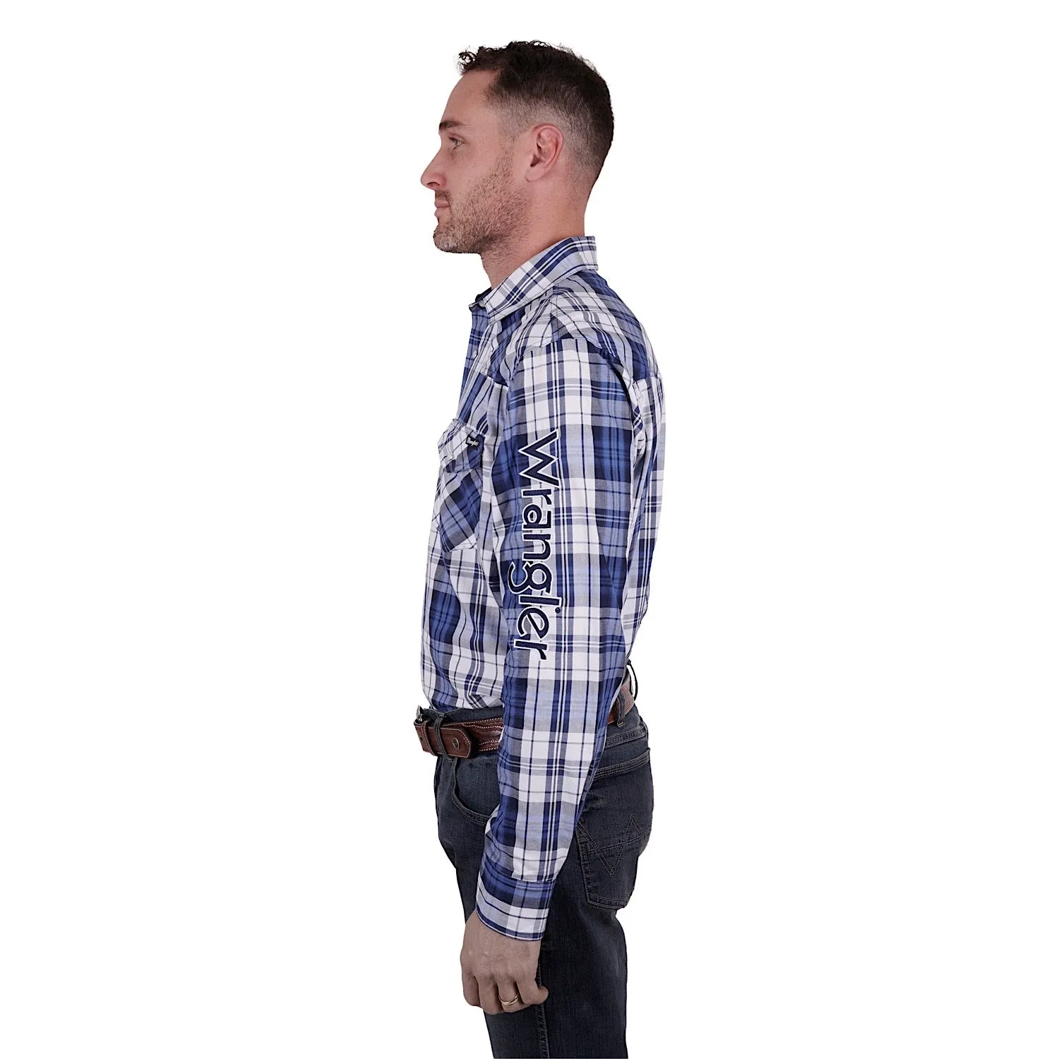 Wrangler Mens Albert Check Logo Western L/S Shirt Blue/Teal