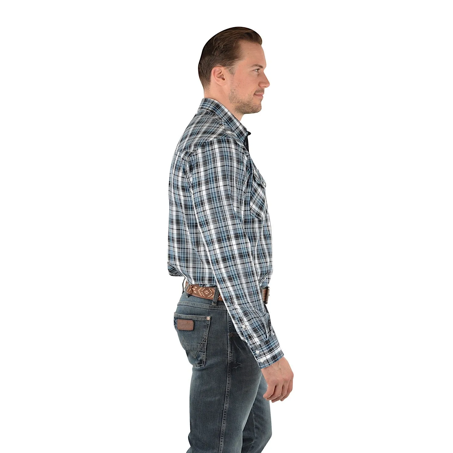 Wrangler Mens Gould Check Logo Western L/S Shirt Black/Teal