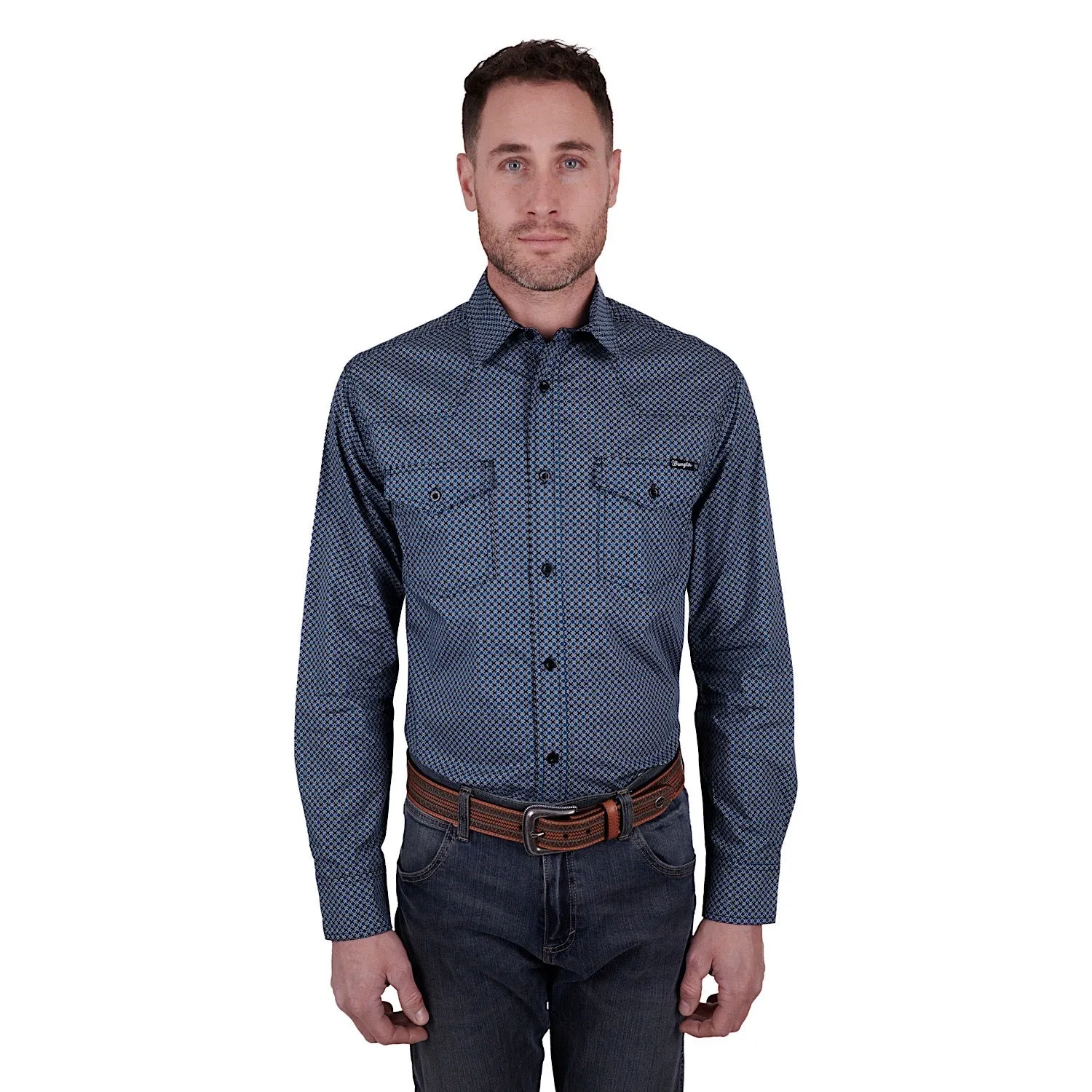 Wrangler Men's Isaac Print Western Button Down Shirt Black/Blue