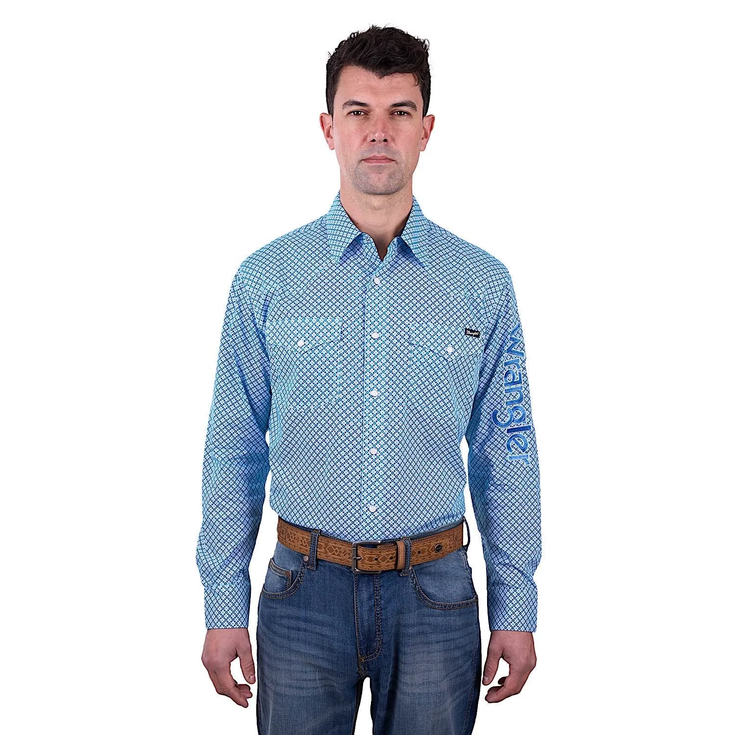 Wrangler Men's Jude Print Logo Western Long Sleeve Shirt - Blue/Teal