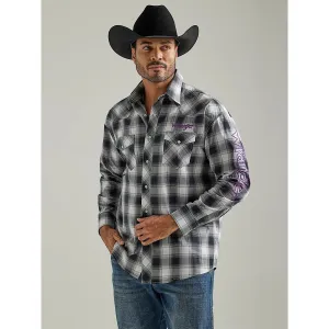 Wrangler Mens Logo L/S Western Snap Plaid Shirt in Black White Buffalo