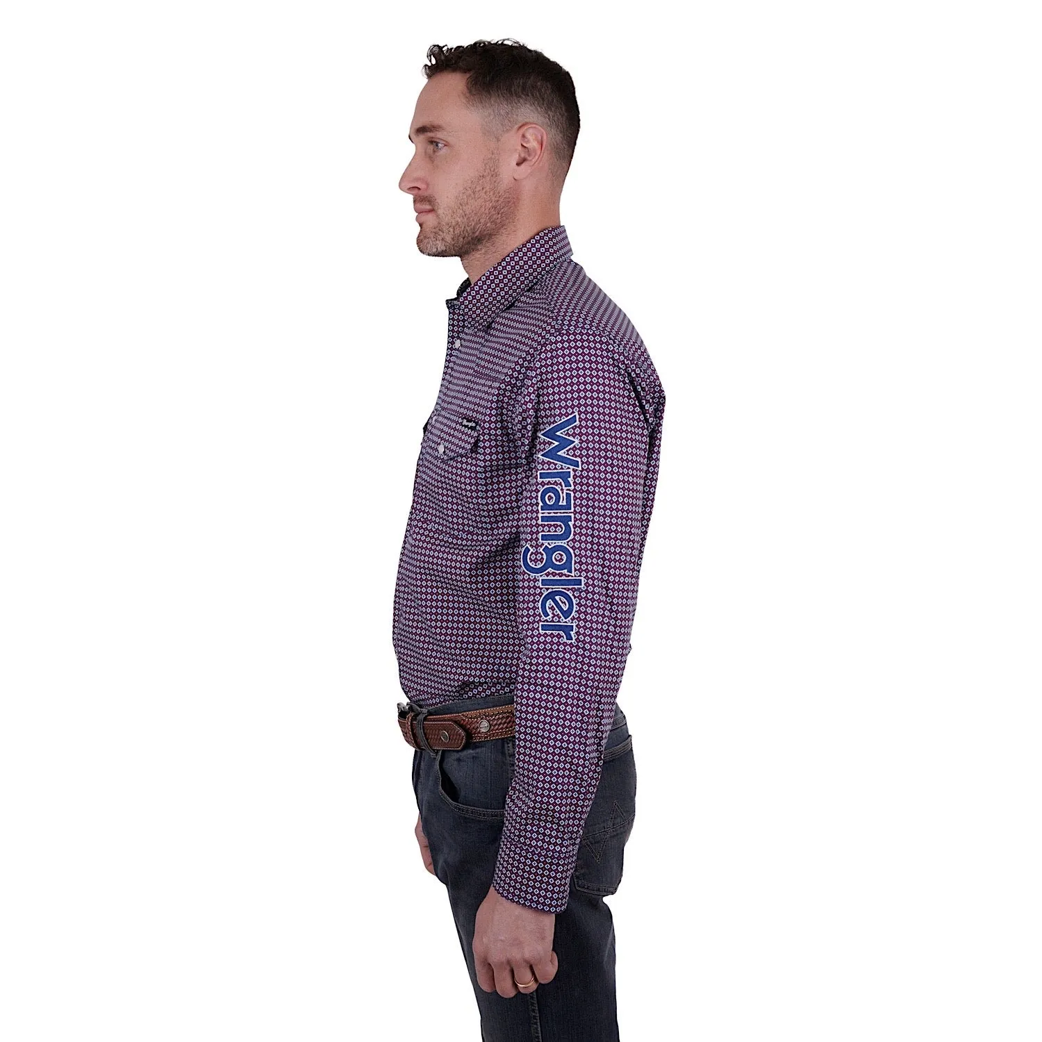 Wrangler Mens Mark Print Logo Western L/S Shirt Navy/Red