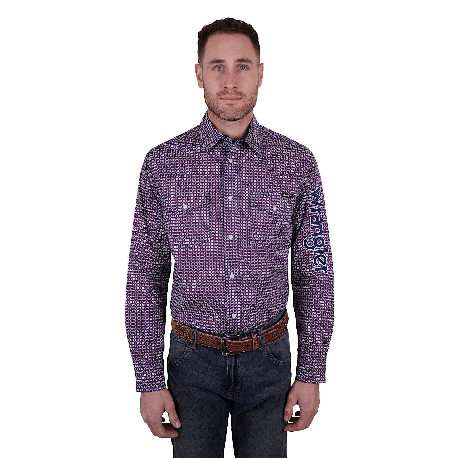 Wrangler Mens Mark Print Logo Western L/S Shirt Navy/Red
